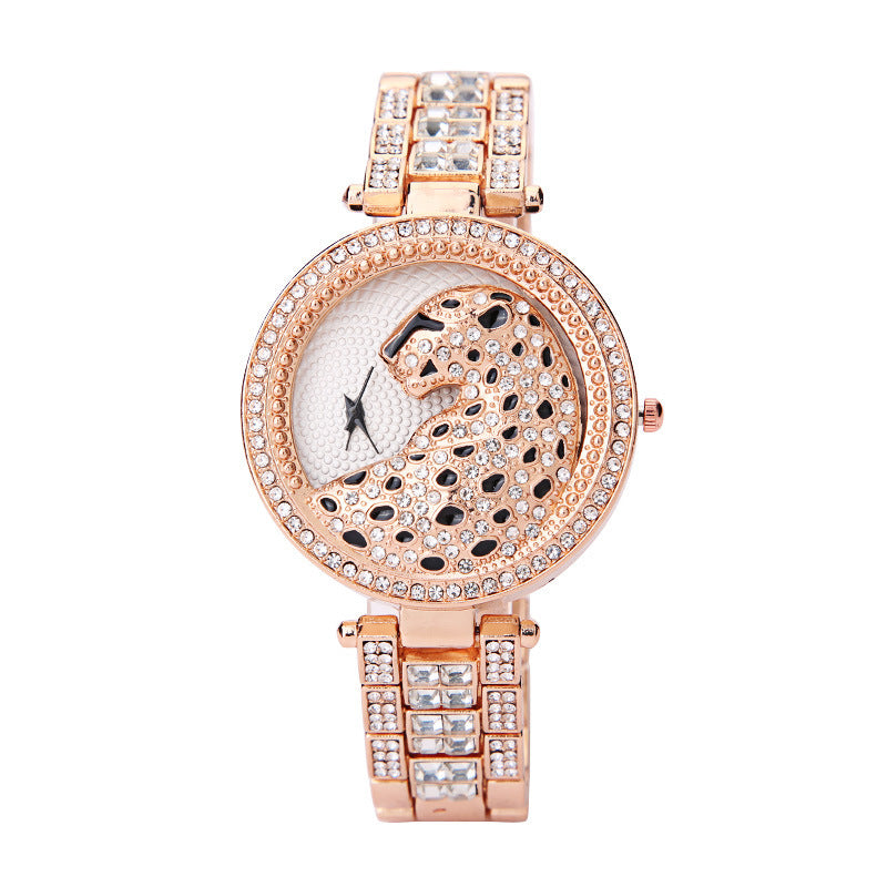 Montre pour femme à imprimé léopard et diamants tridimensionnels