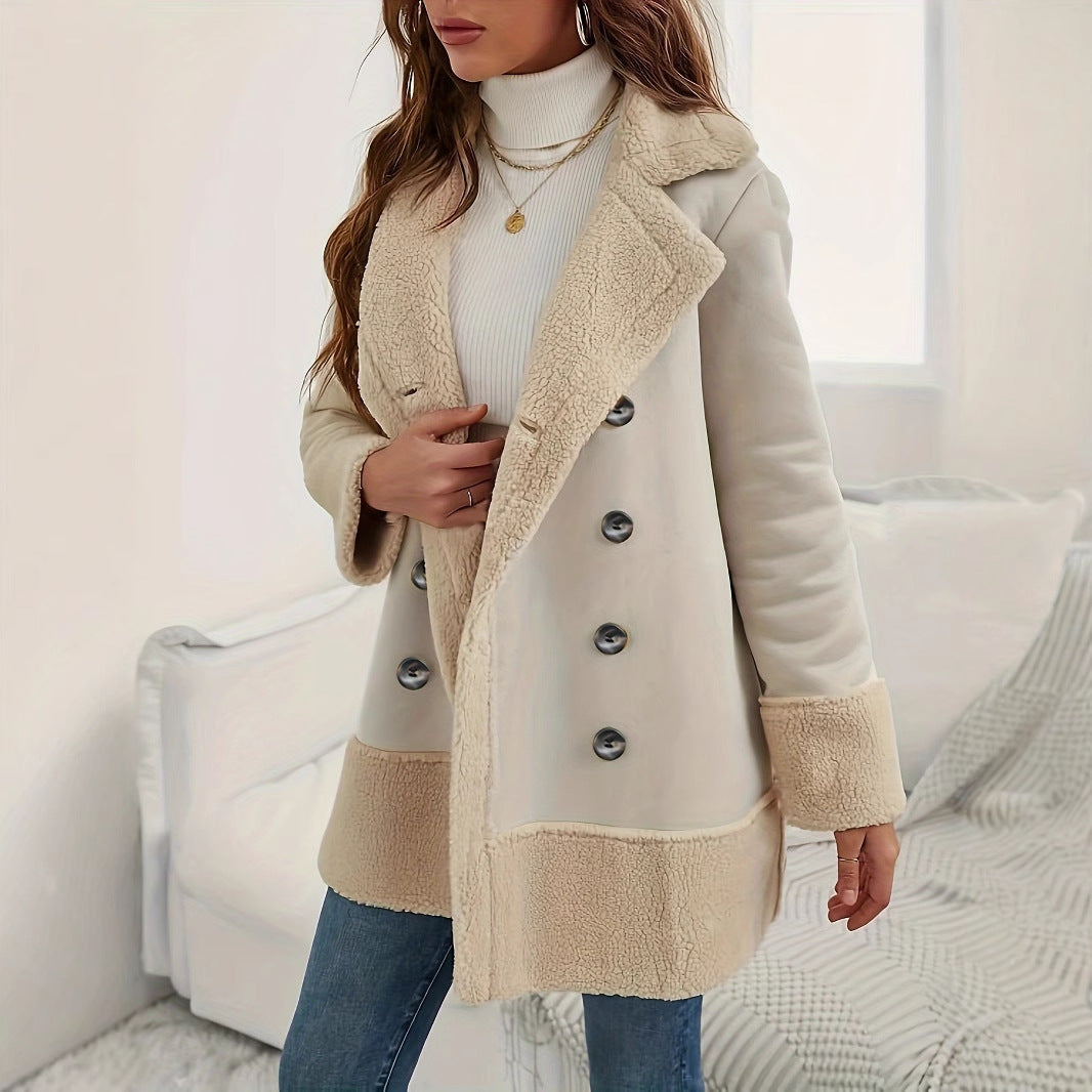 Manteau long en laine d'agneau à revers abricot de couleur contrastée