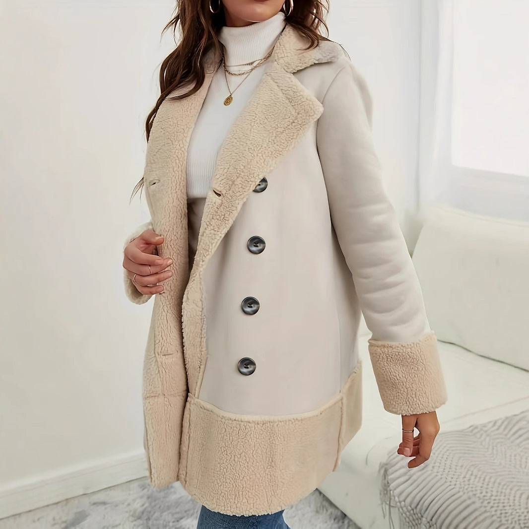 Manteau long en laine d'agneau à revers abricot de couleur contrastée