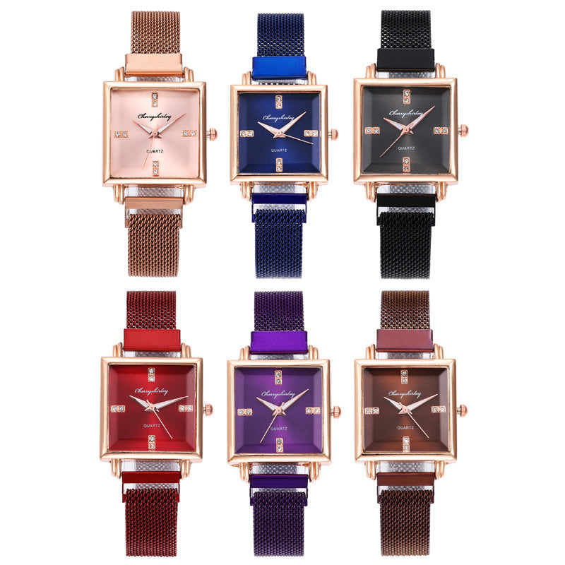 Montre pour femme carrée simple tempérament à fermoir magnétique en diamant