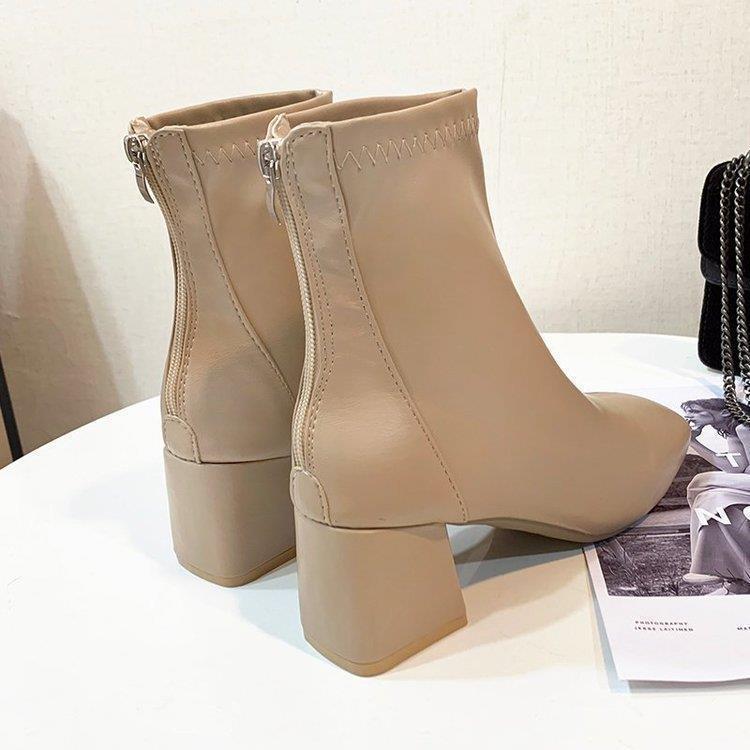 Bottes courtes à fermeture éclair à tête carrée de style européen pour femmes