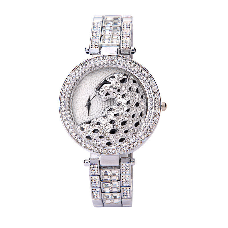 Montre pour femme à imprimé léopard et diamants tridimensionnels