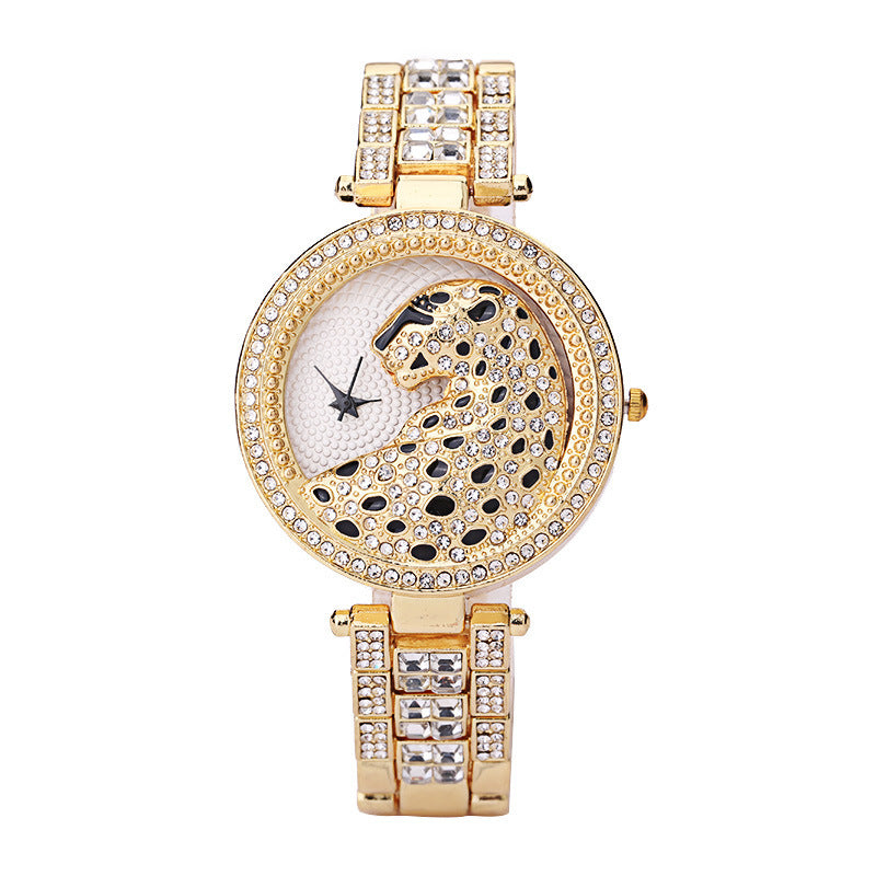 Montre pour femme à imprimé léopard et diamants tridimensionnels