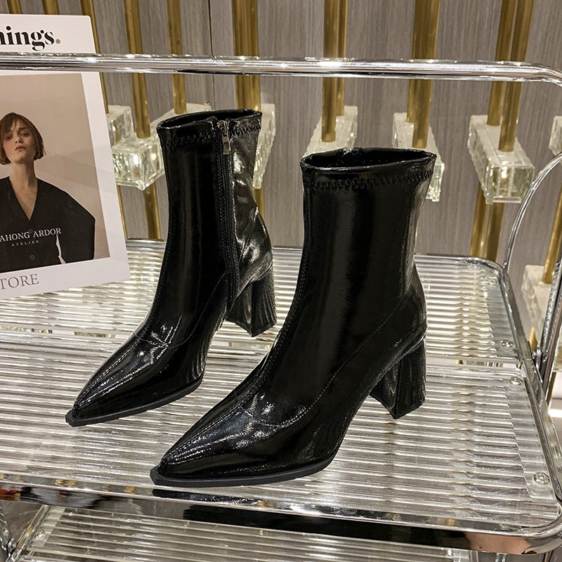 Bottes courtes à talons hauts et bout pointu pour femmes, petites bottines de style français