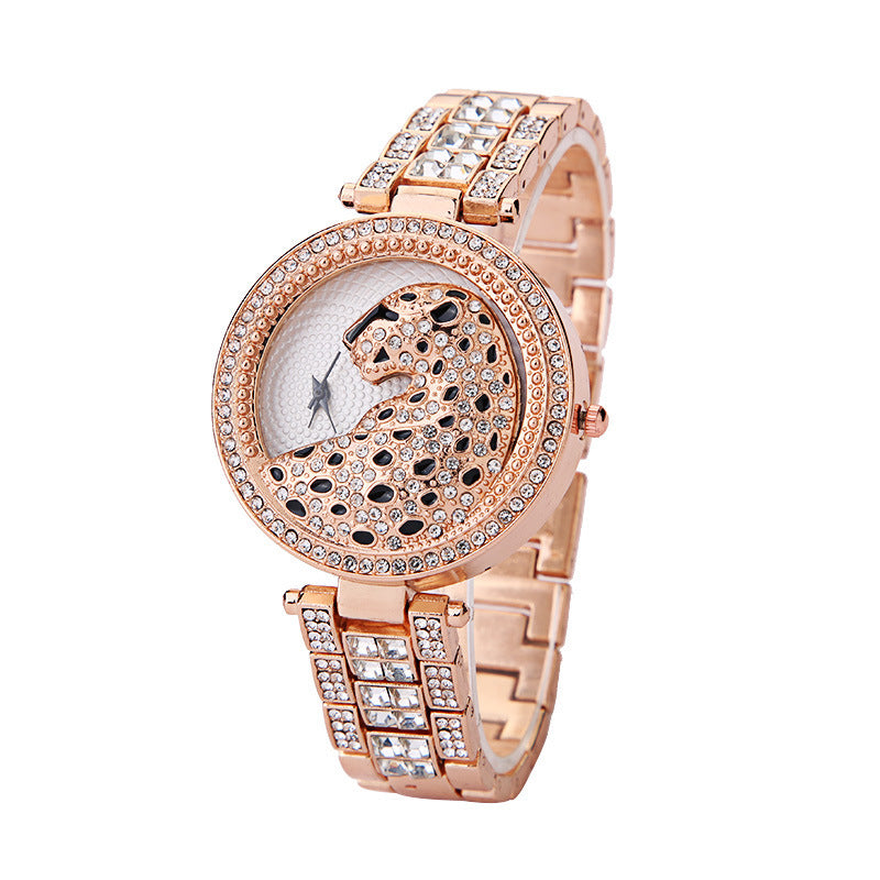 Montre pour femme à imprimé léopard et diamants tridimensionnels