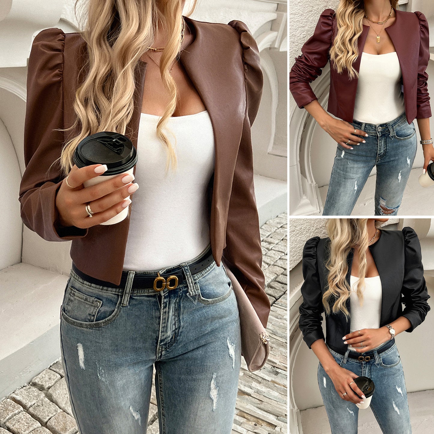 Veste en cuir de couleur unie pour femme